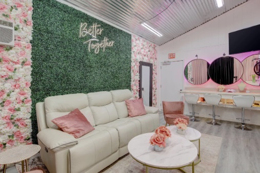 Bridal party ready room with hair and makeup stations