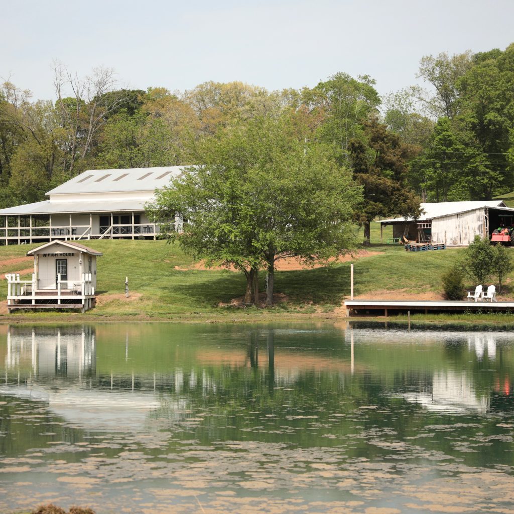 A pastoral farm landscape featuring a pond with reflections, white-roofed barn, tree-lined pastures, and small structures along the waterside.