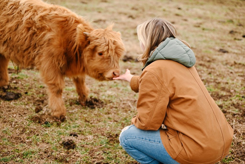 A woman in a tan jacket crouches down to pet a fluffy brown dog on grassy ground.