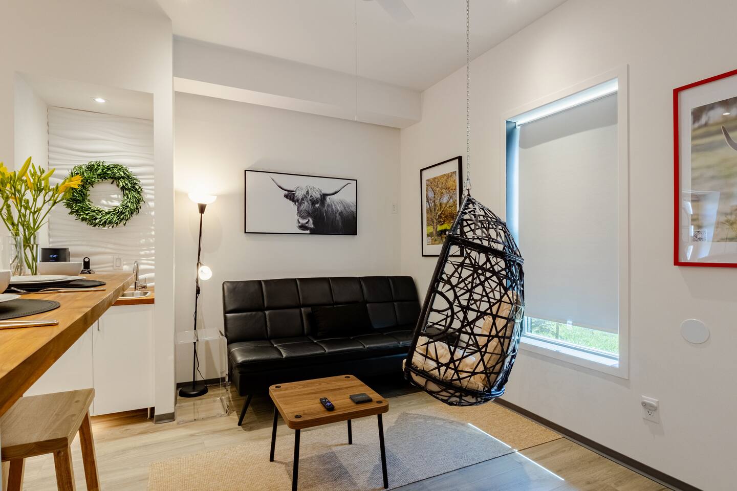 Barndo 3AS at Cedar Pond Farms in Jefferson City — a one-bedroom barndominium suite on a working farm with Scottish Highland cattle.