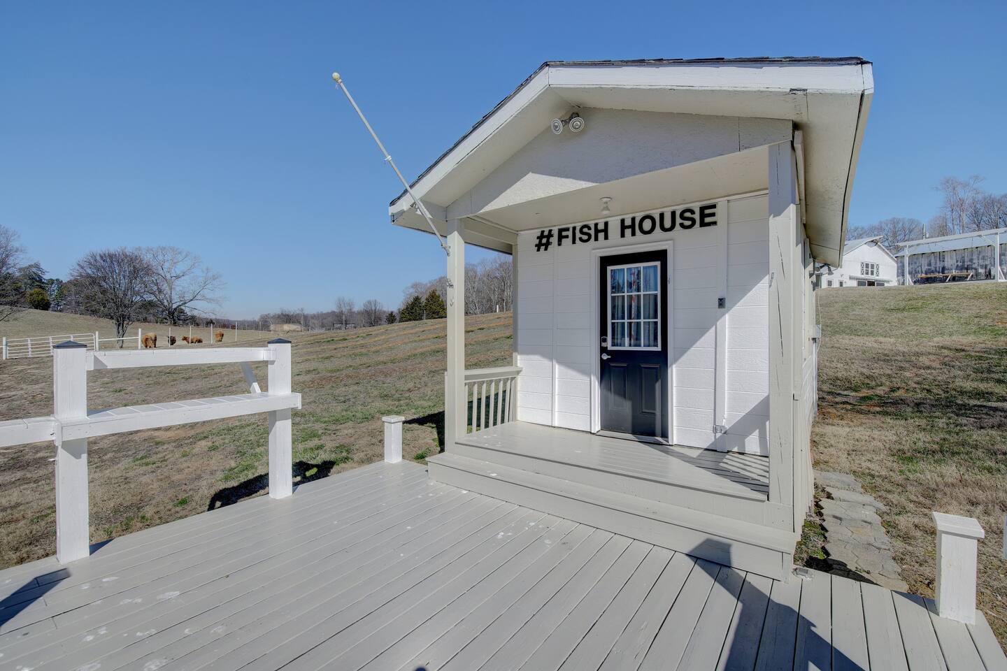 FishHouse Tiny Home at Cedar Pond Farms in New Market — a lakeside tiny home on a working farm with Scottish Highland cattle.